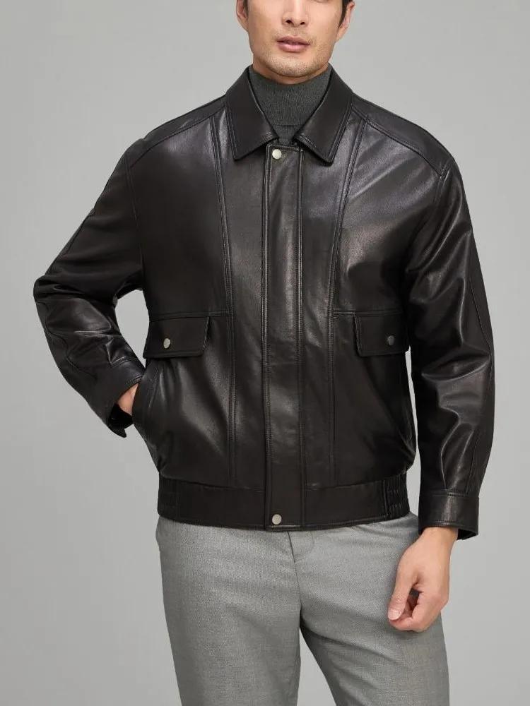 Nouveau Designer extérieur hommes en peau de mouton en cuir véritable vestes manteau col rabattu man