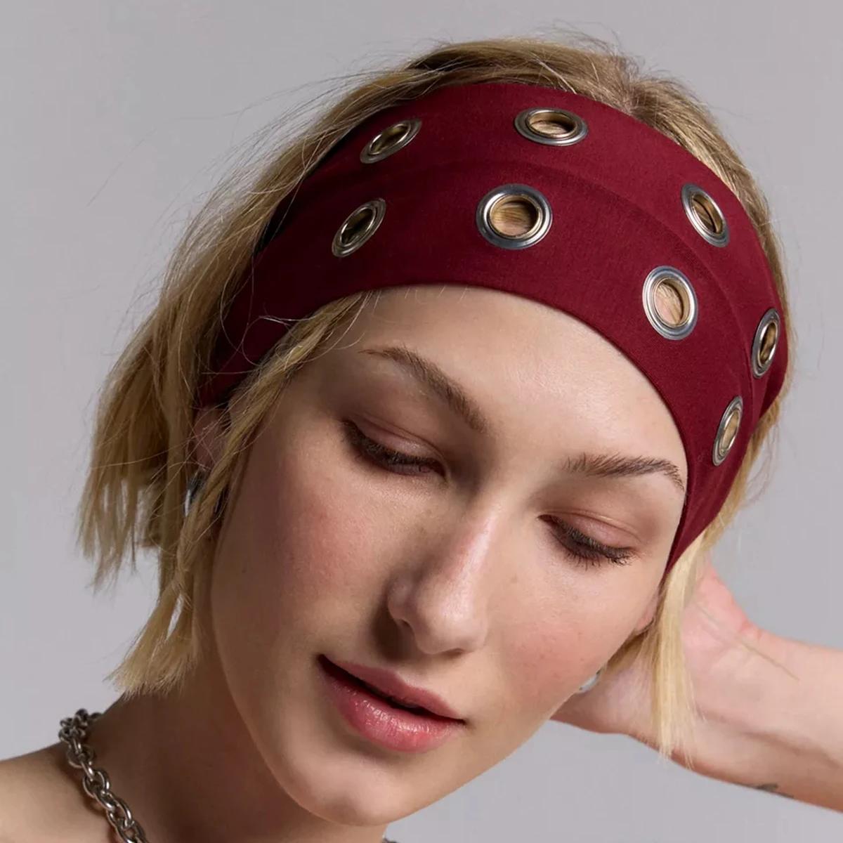 AWAYTR Punk fille tissu creux élastique bandeaux métal Rock personnalisé creux oeillets bandeau de c
