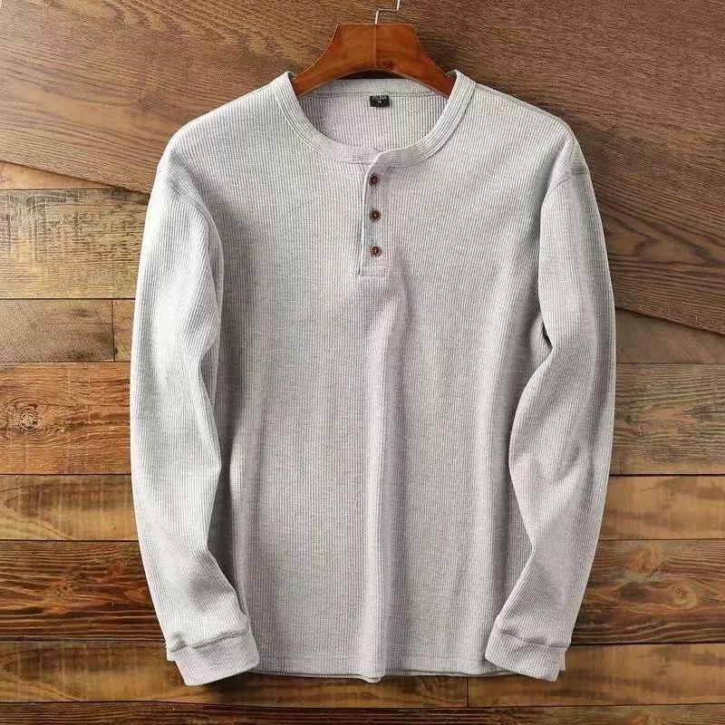 T-shirt basique pour hommes, coupe cintrée, décontracté, Henley gaufré, chemises à manches longues, 