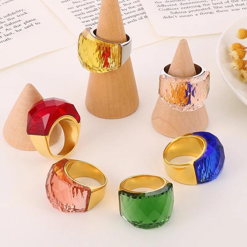 Bagues de fiançailles en acier inoxydable pour femmes, grande pierre de verre de cristal, couleur ro