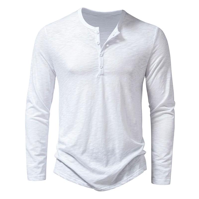 Nouveau hommes coton Henley t-shirt à manches longues T-Shirts basique décontracté bouton col respir