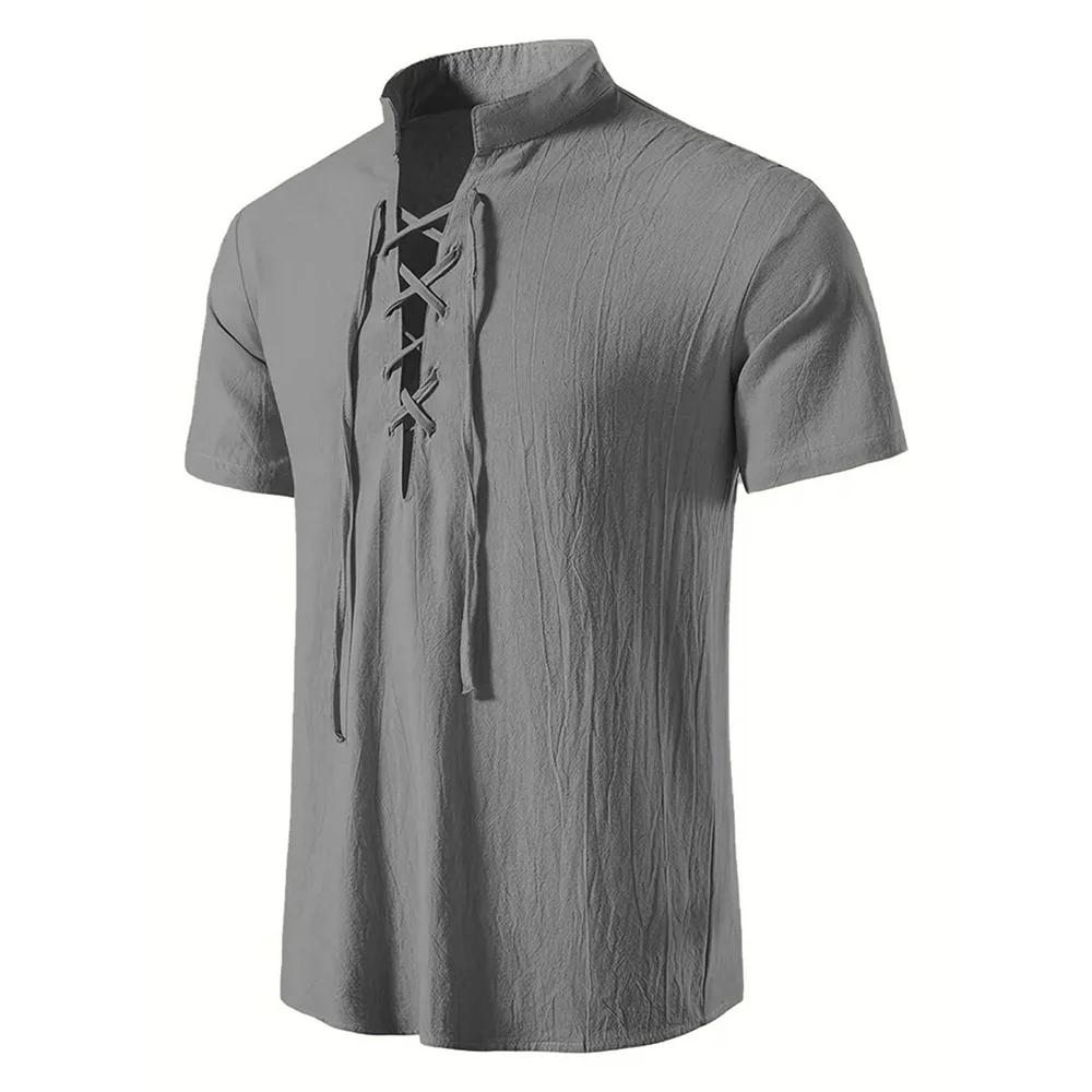 Chemise rétro à manches courtes pour hommes, en coton et lin, légère, respirante, couleur unie, haut
