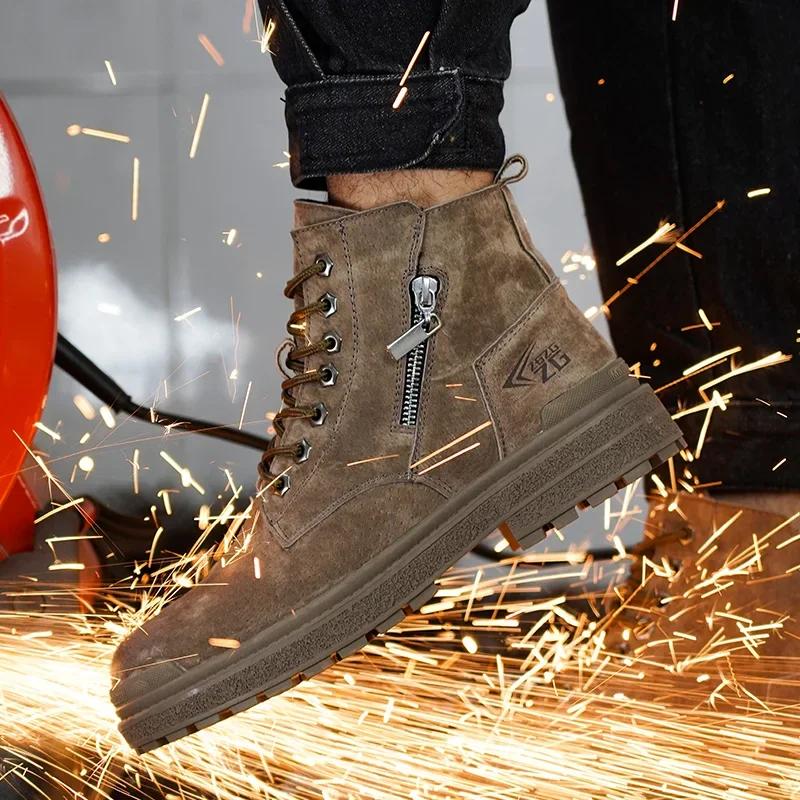 Chaussures de soudage Anti-brûlure en peau de porc pour hommes, baskets avec embout en acier indestr