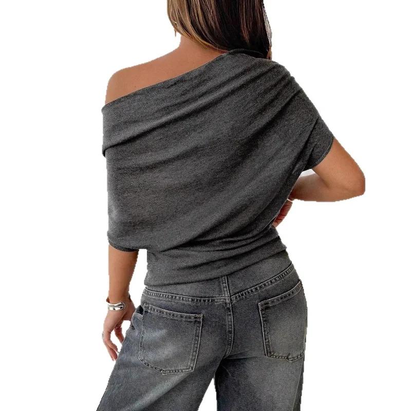BKQU T-shirts d'été sexy à une épaule, mode slim, manches courtes chauve-souris, crop tops froncés, 
