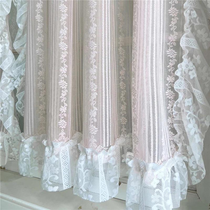 Rideau transparent en dentelle à fleurs rayées roses, romantique coréen, avec poche en dentelle à vo