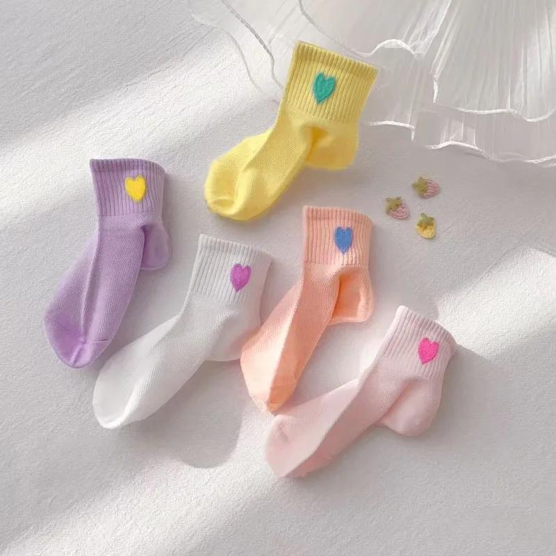 5 paires de chaussettes pour filles, motif en forme de cœur, maille respirante et confortable pour e