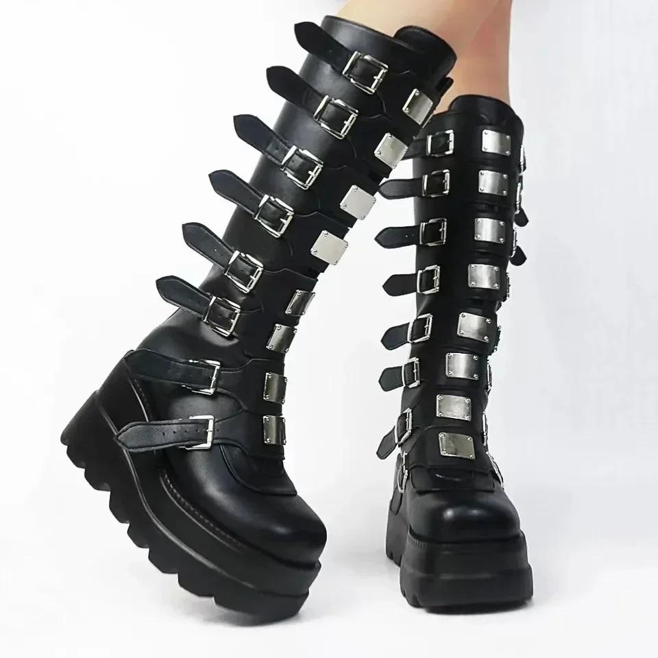 Bottes hautes gothiques à plateforme, Punk, noires, chaussures De moto Sexy, Halloween Cosplay, pour