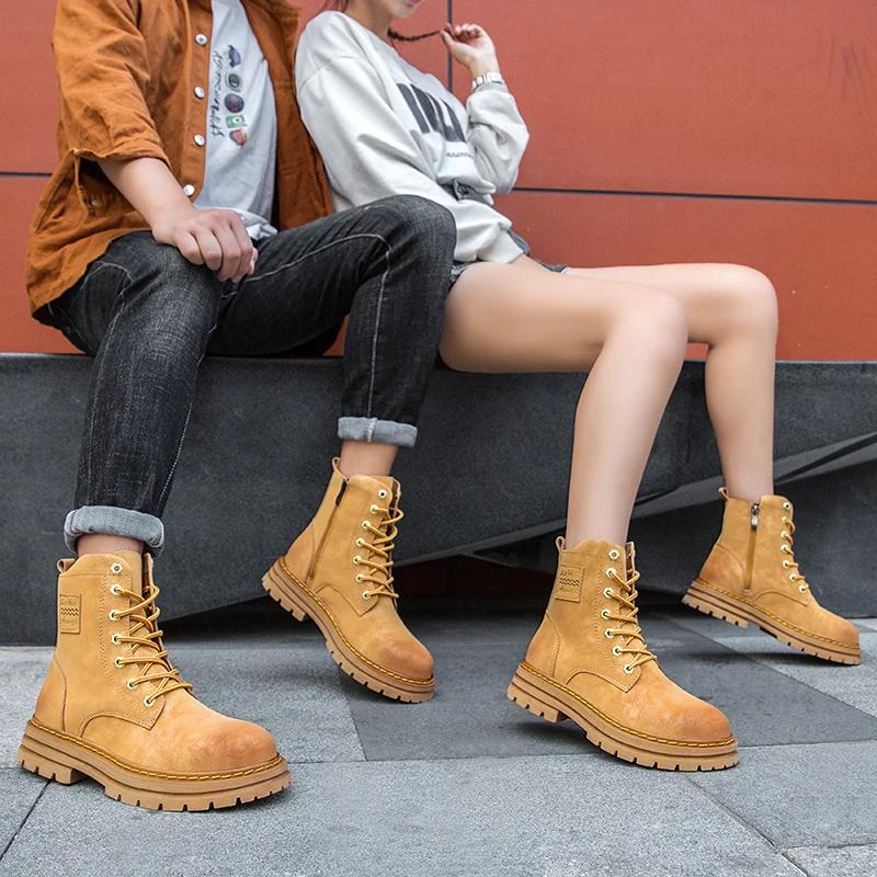 Bottes de moto en cuir véritable pour hommes, chaussures à lacets, fermeture éclair, haut, couple, a