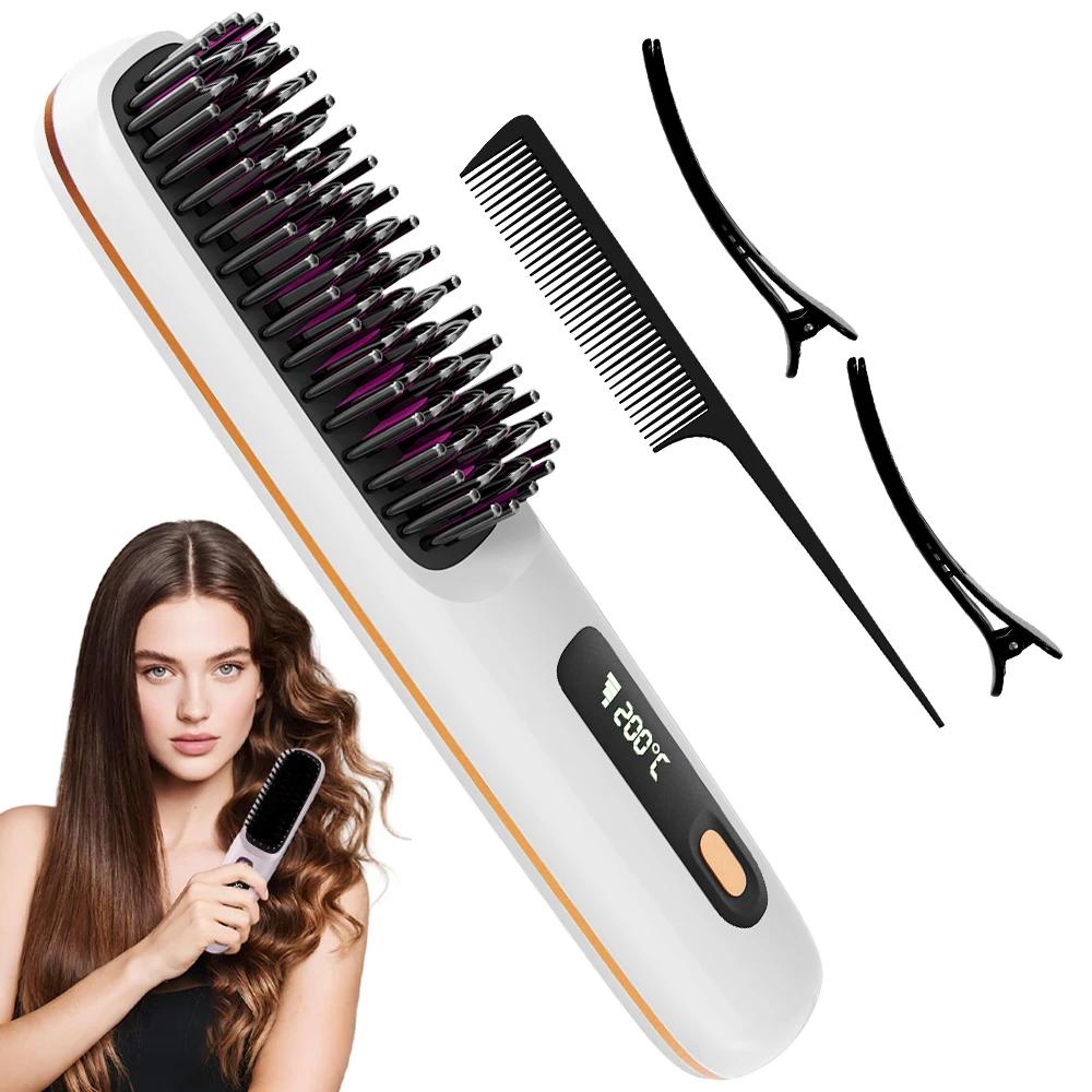 Brosse lissante sans fil rechargeable, peigne lissant à ions négatifs avec 3 réglages de température