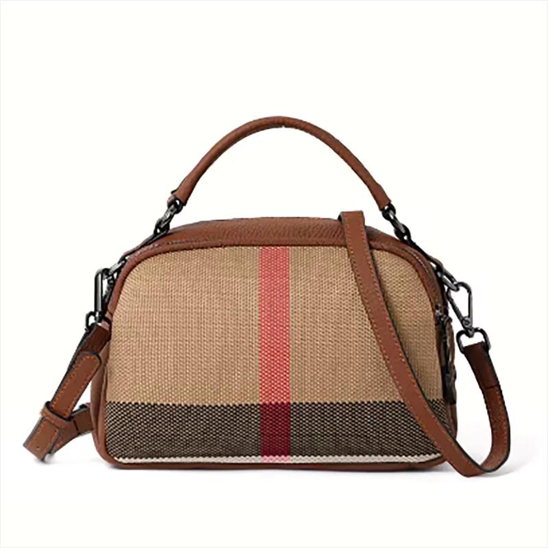 Sac fourre-tout vintage à carreaux pour femme - Toile de qualité - Mélange de cuir, haut élégant - S