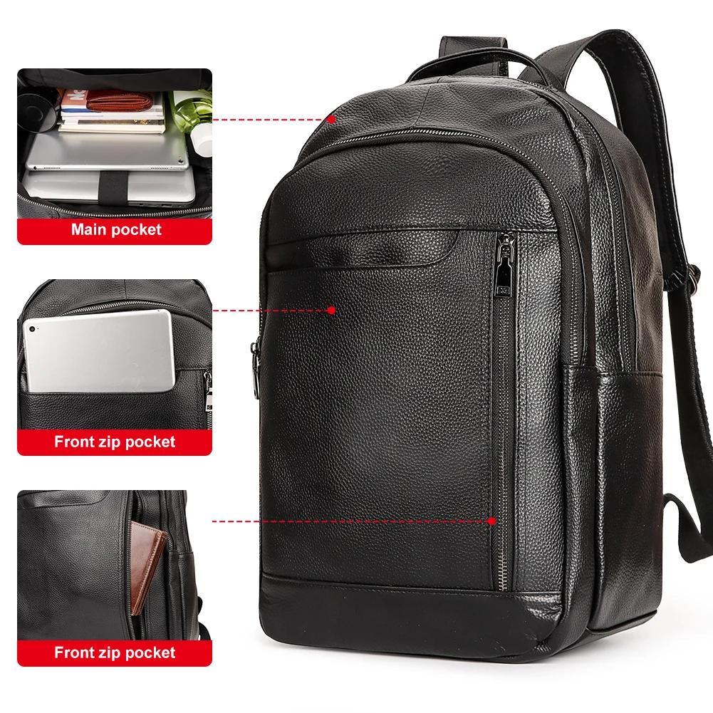 Sac à dos de voyage noir pour hommes, en cuir véritable, pour ordinateur portable, grande capacité, 