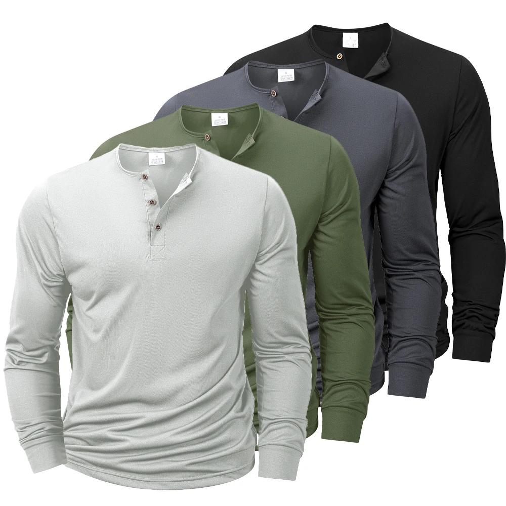 Nouveaux hommes Henley T-shirts à manches longues basique décontracté col de bande T-shirts conforta