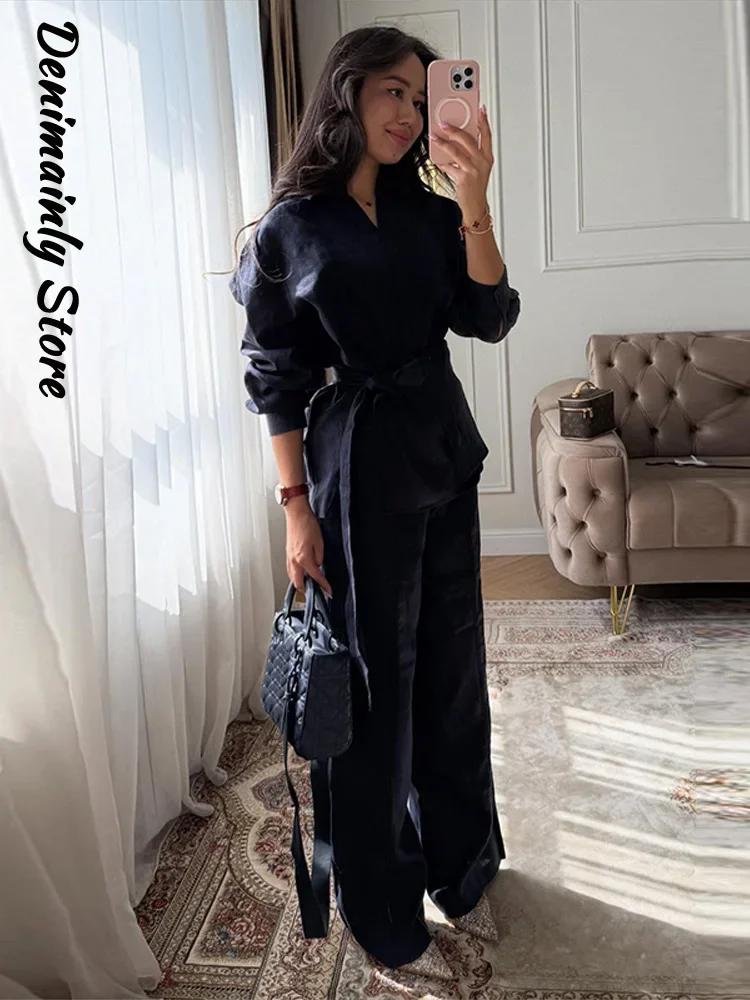 Ensemble décontracté 2 pièces en lin pour femme : chemise ample à col revers et lacets