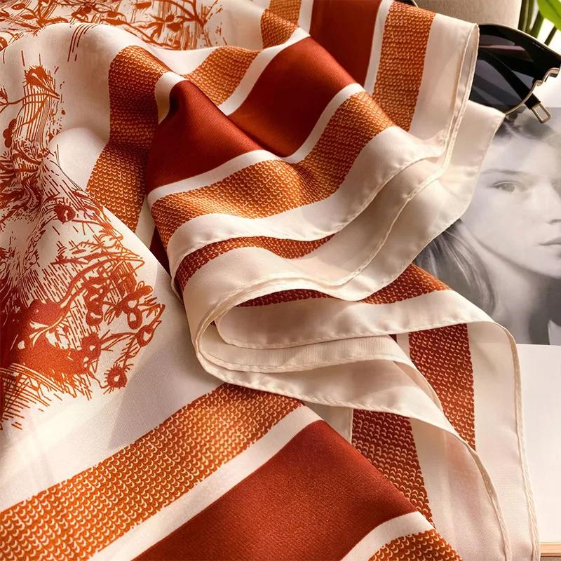 Écharpe imprimée à motifs végétaux en soie simulée, élégante et polyvalente, pour la tête, les sacs, les vêtements et les accessoires, foulard carré, accessoires pour femmes