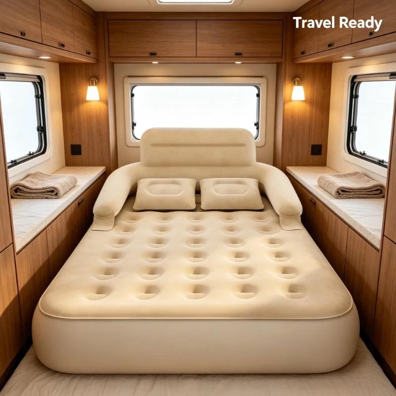 Lit gonflable de camping extérieur, avec dossier + double oreiller, multi-usage pour camping-car/hôtel/chalet/chambre |   Inflation rapide et économie de main-d'œuvre