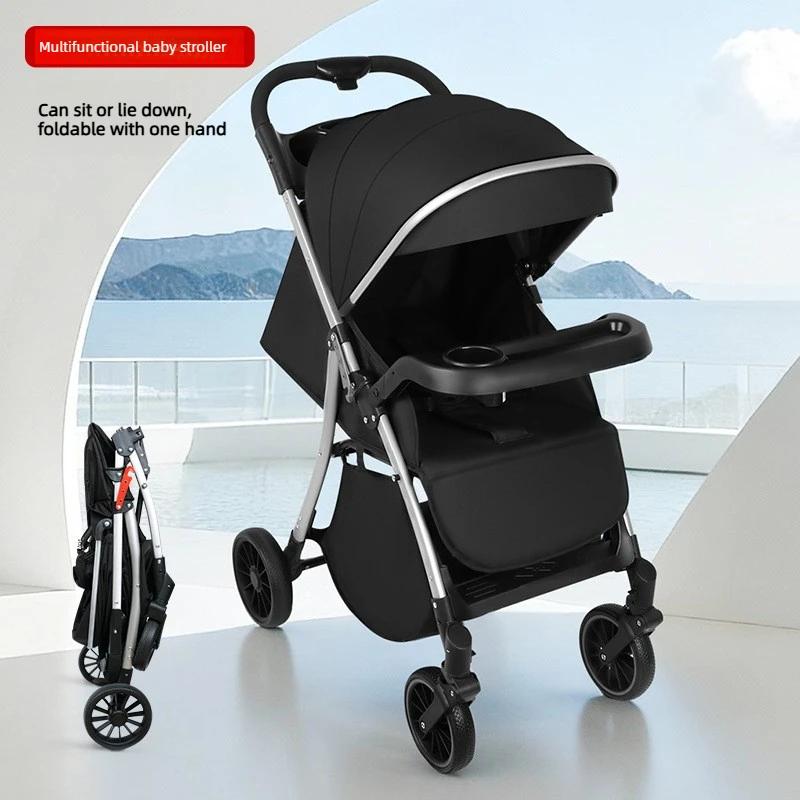 Poussette bébé unidirectionnelle, inclinable ou position assise, pliage en un clic, légère, design haute vue et forte absorption des chocs.