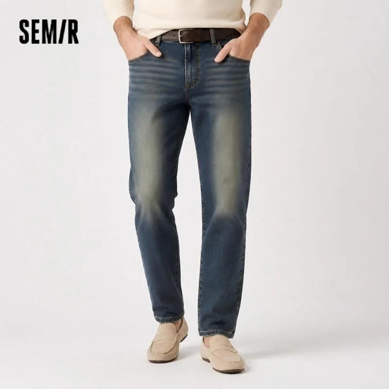 Semir Senrou Denim jean hommes moustaches rétro en détresse jambe droite 2025 hiver nouveau pantalons longs élastique vê