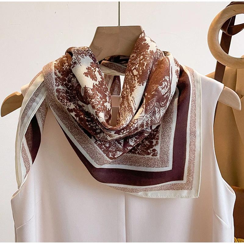 Écharpe imprimée à motifs végétaux en soie simulée, élégante et polyvalente, pour la tête, les sacs, les vêtements et les accessoires, foulard carré, accessoires pour femmes