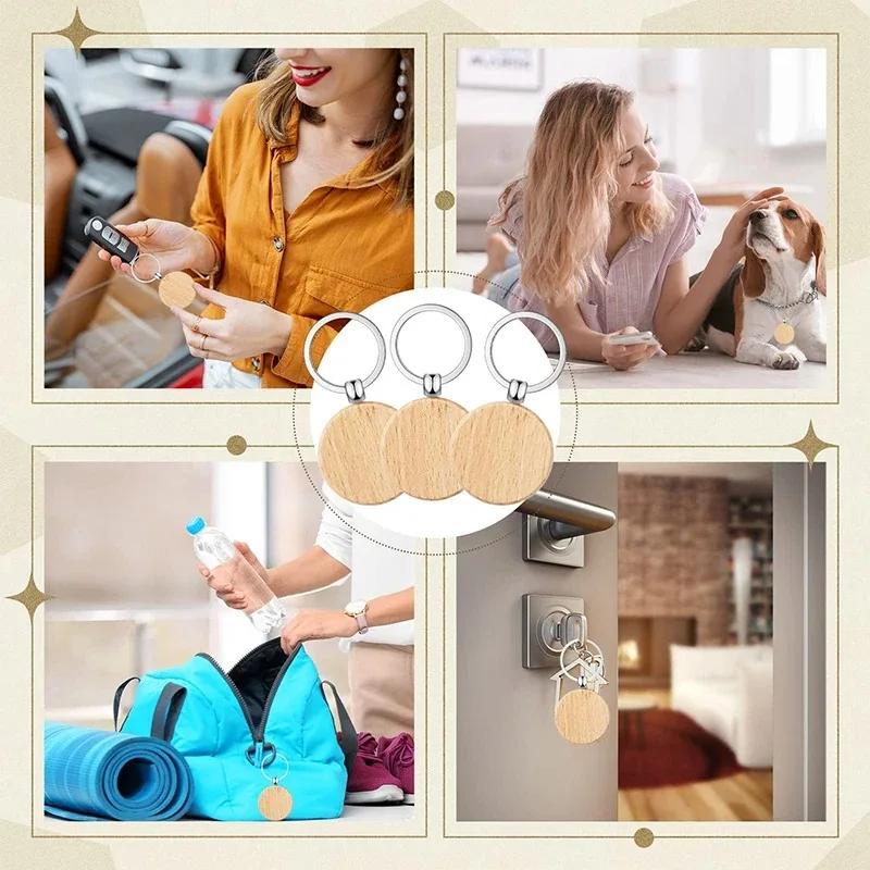 Porte-clés rond en bois, 100 pièces, porte-clés Portable en hêtre