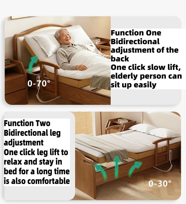 Lit d'assistance électrique en bois pour personnes âgées, lit de soins à domicile multifonctionnel réglable avec matelas et barrière de sécurité, mobilier de chambre