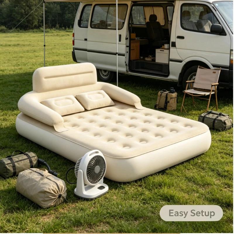 Lit gonflable de camping extérieur, avec dossier + double oreiller, multi-usage pour camping-car/hôtel/chalet/chambre |   Inflation rapide et économie de main-d'œuvre