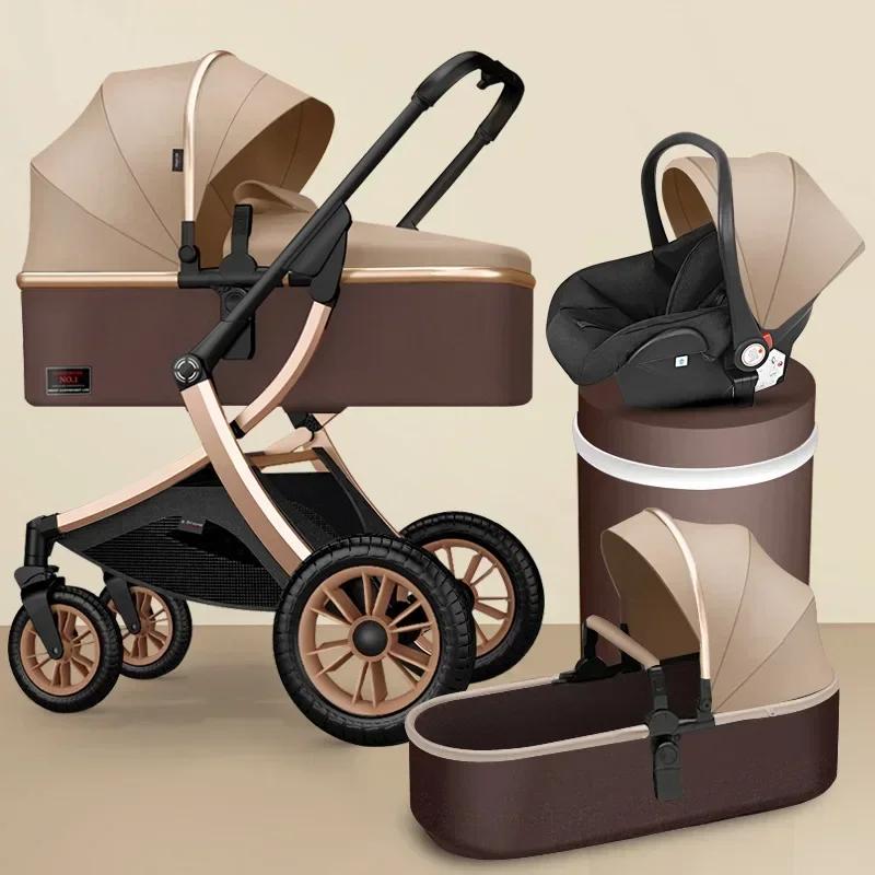 Poussette Haute Pliable 3 en 1 avec Siège Auto pour Bébé