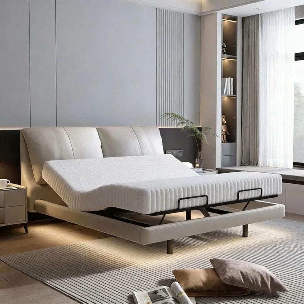 Lit électrique intelligent avec design flottant, cadre de lit en cuir véritable de luxe moderne, lit king size réglable pour chambre principale