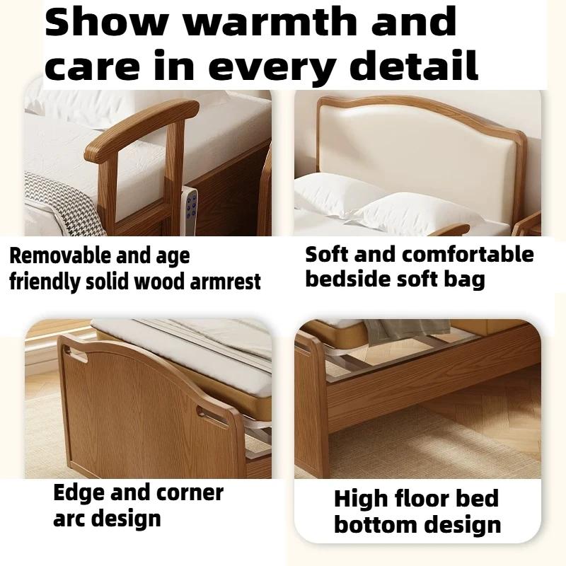 Lit d'assistance électrique en bois pour personnes âgées, lit de soins à domicile multifonctionnel réglable avec matelas et barrière de sécurité, mobilier de chambre