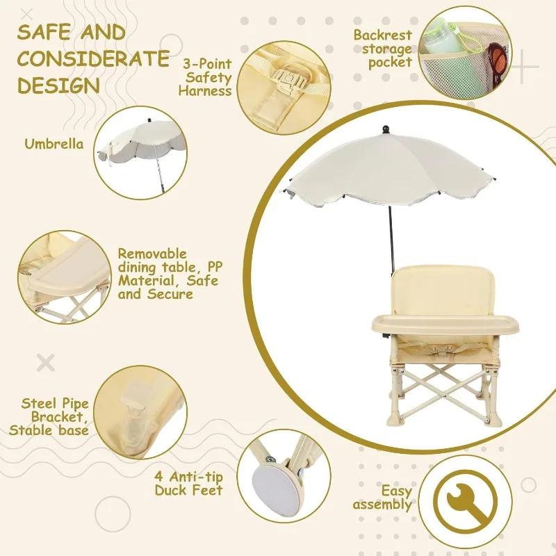 Chaise de plage pliable pour bébé avec parasol, dossier, poche et ceinture de sécurité – Siège d'alimentation pour tout-petit, idéal pour table à manger et camping