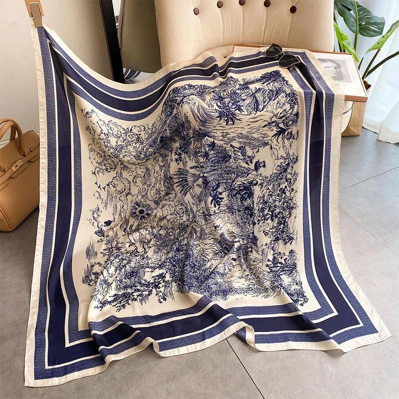 Écharpe imprimée à motifs végétaux en soie simulée, élégante et polyvalente, pour la tête, les sacs, les vêtements et les accessoires, foulard carré, accessoires pour femmes