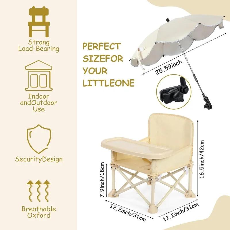 Chaise de plage pliable pour bébé avec parasol, dossier, poche et ceinture de sécurité – Siège d'alimentation pour tout-petit, idéal pour table à manger et camping