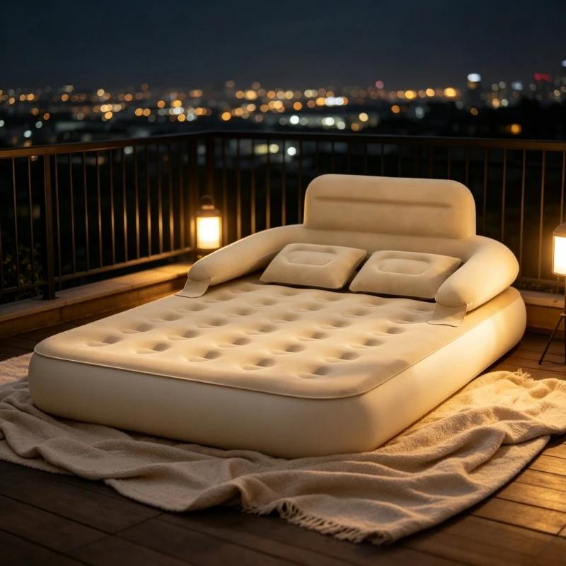 Lit gonflable de camping extérieur, avec dossier + double oreiller, multi-usage pour camping-car/hôtel/chalet/chambre |   Inflation rapide et économie de main-d'œuvre