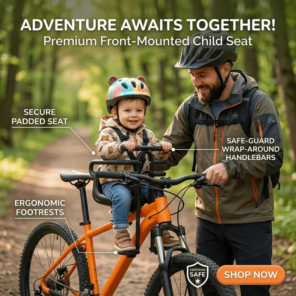 Siège enfant avant pour vélo VTT avec accoudoirs et pédales