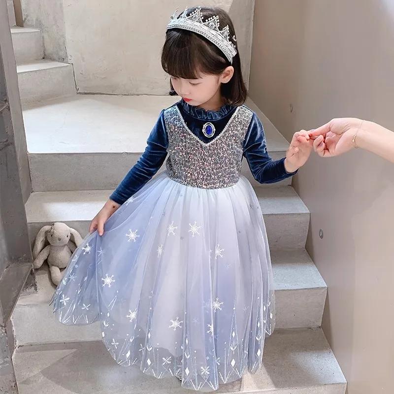 Robe princesse Elsa Reine des Neiges velours cape bleue - Costume fête filles 3 à 9 ans collection printemps