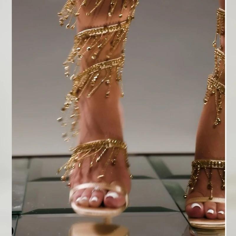 Aneikeh 2026 mode Sexy strass chaîne perle bride à la cheville talons hauts femmes été soie bout rond