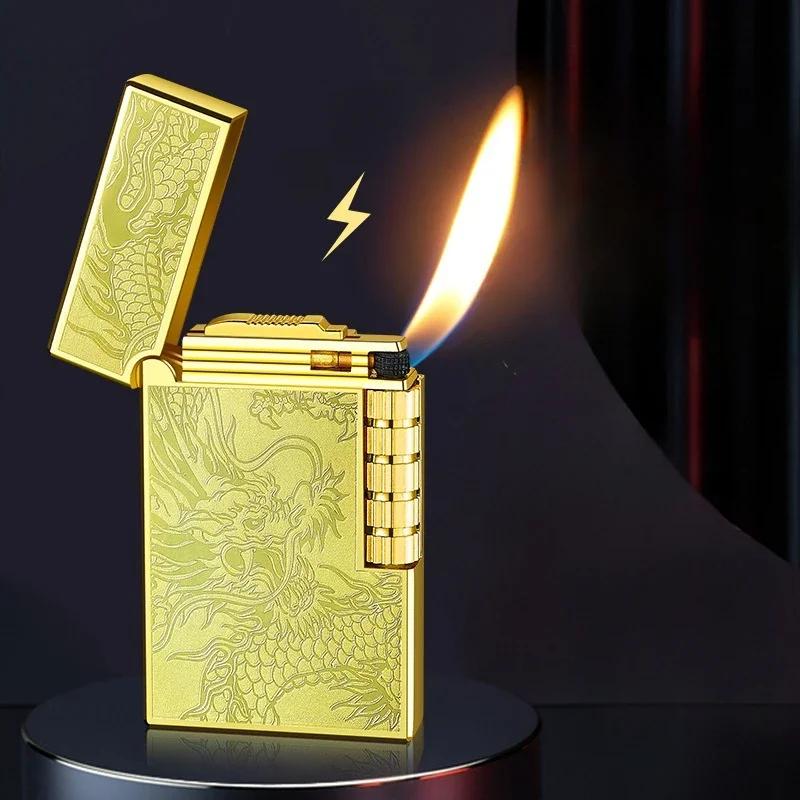 Briquet gonflable en métal et acier, son Dragon chinois, feu Oblique, poulie latérale, allumage de tuyaux de gaz Butane, cadeau pour fumer, 2024