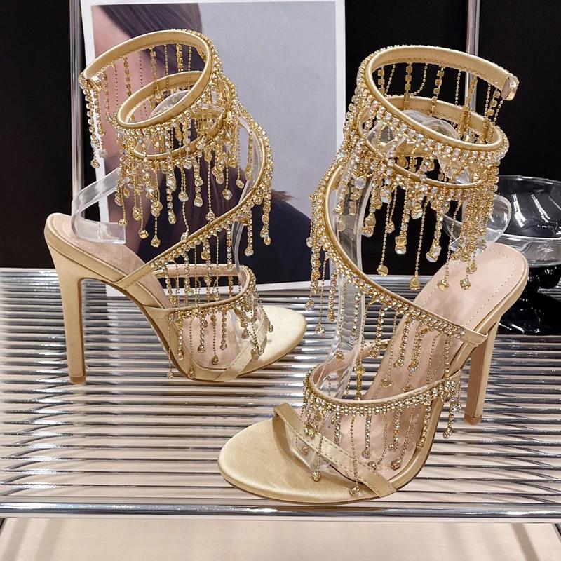 Aneikeh 2026 mode Sexy strass chaîne perle bride à la cheville talons hauts femmes été soie bout rond