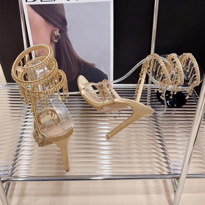 Aneikeh 2026 mode Sexy strass chaîne perle bride à la cheville talons hauts femmes été soie bout rond