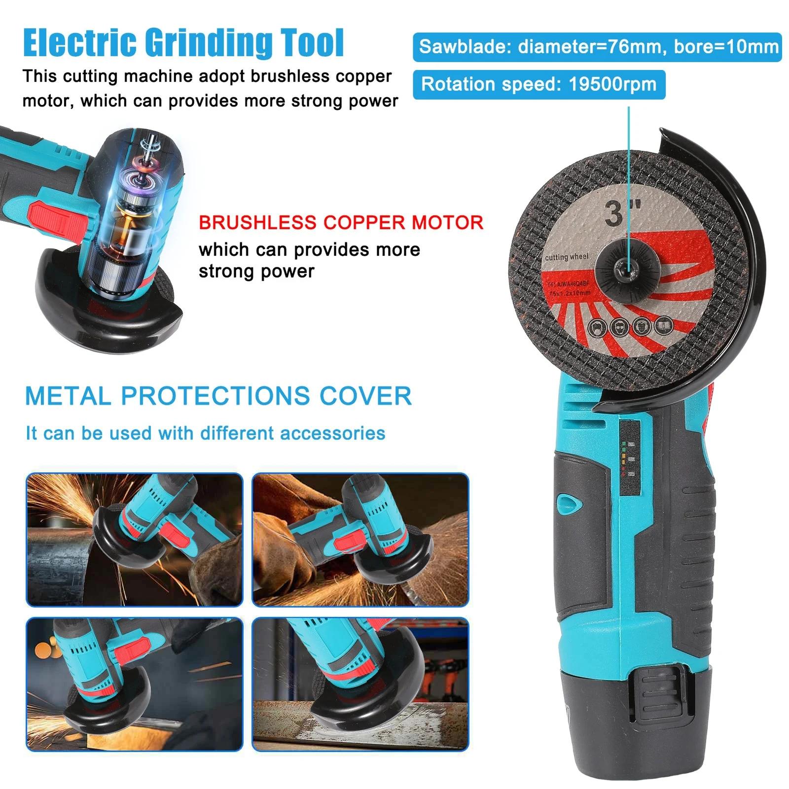 Mini-meuleuse d'angle 12V au lithium-ion, outil de meulage, vitesse de coupe 19500 tr/min, protectio