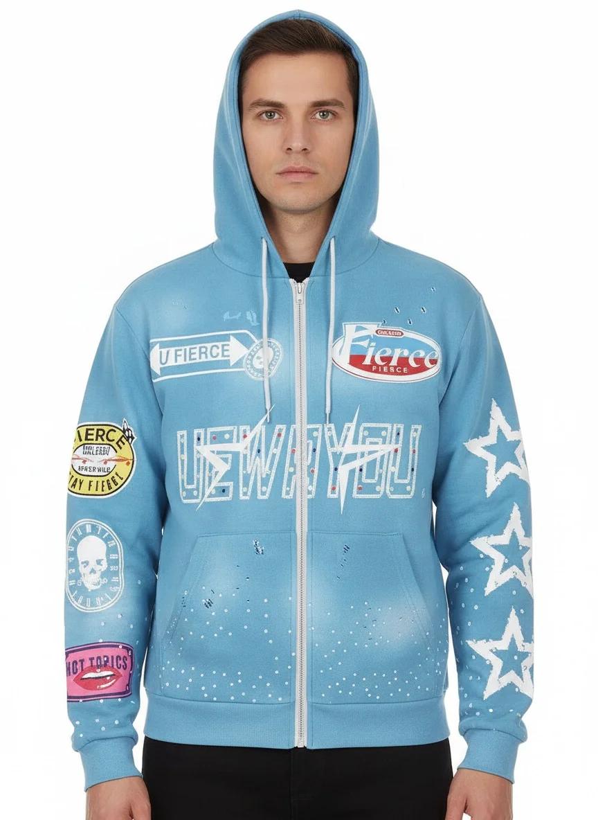 Sweat-shirt à capuche entièrement imprimé avec lettres étoilées, cardigan ample et décontracté pour