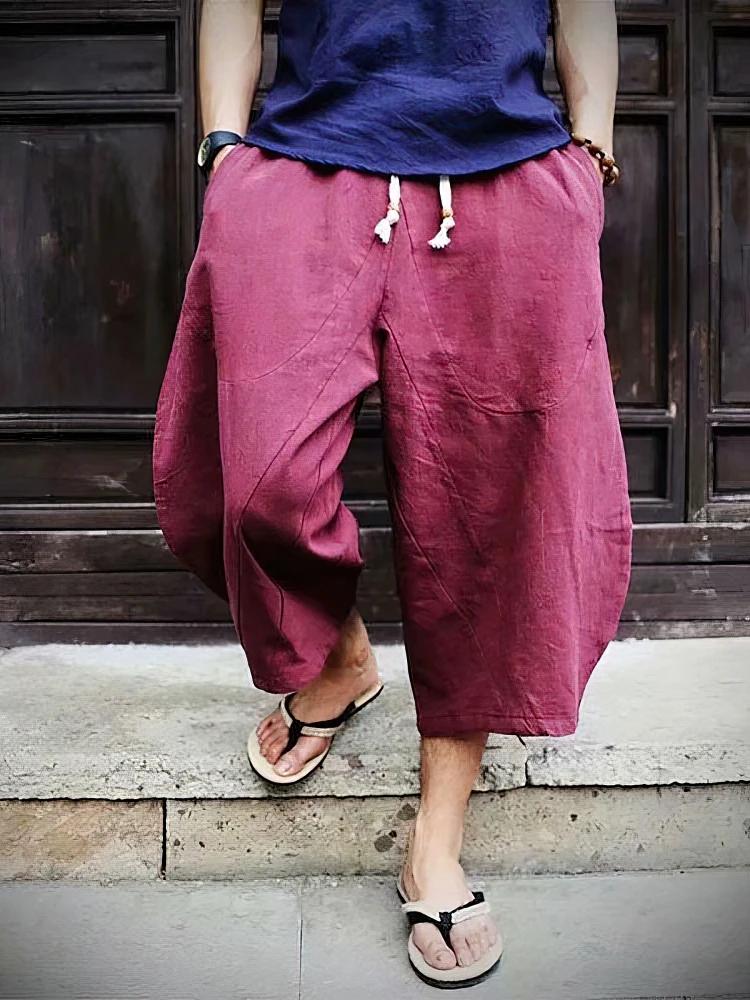 Été plage coton lin Shorts décontracté és hommes japonais jambe large Baggy Capris pantalon mâle Spo