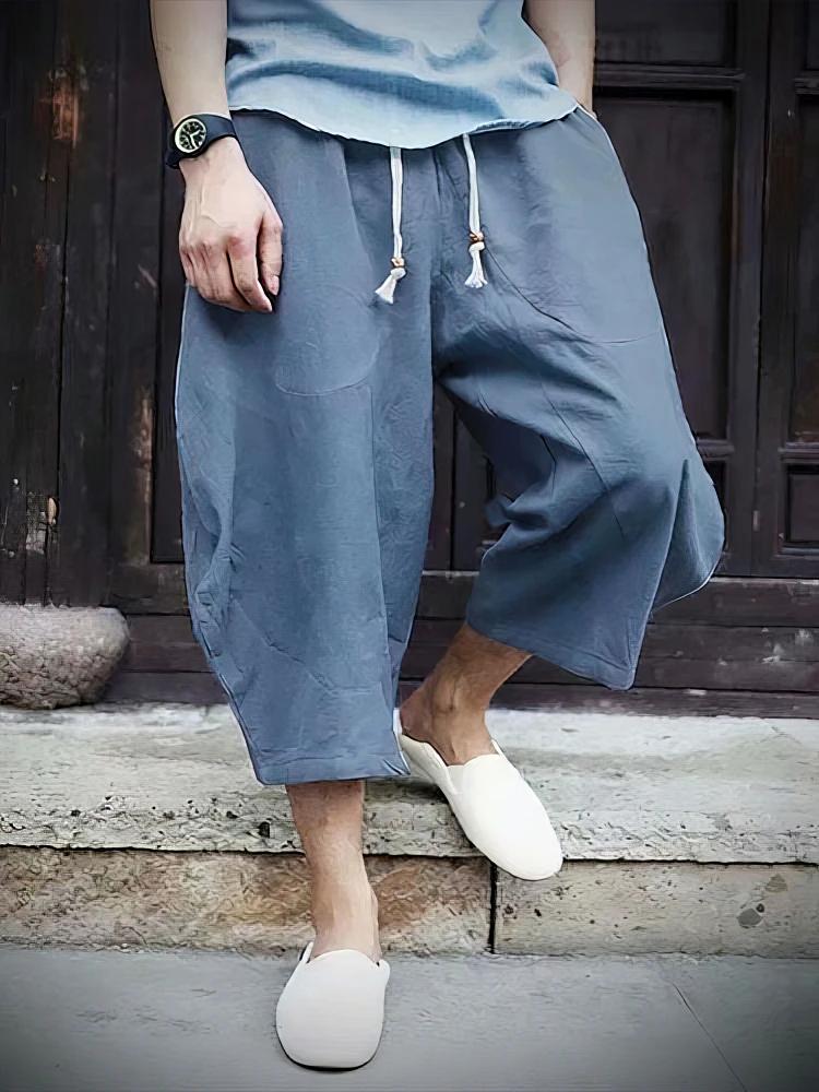 Été plage coton lin Shorts décontracté és hommes japonais jambe large Baggy Capris pantalon mâle Spo