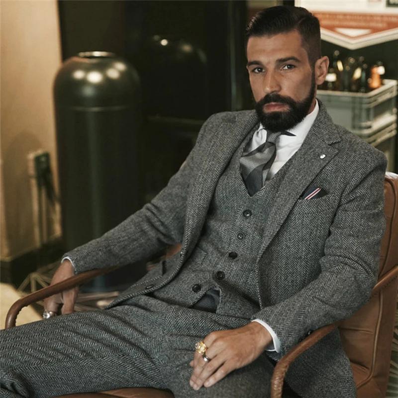 Costume d'hiver en Tweed de laine grise pour hommes, coupe cintrée, smoking formel pour marié, 3 piè
