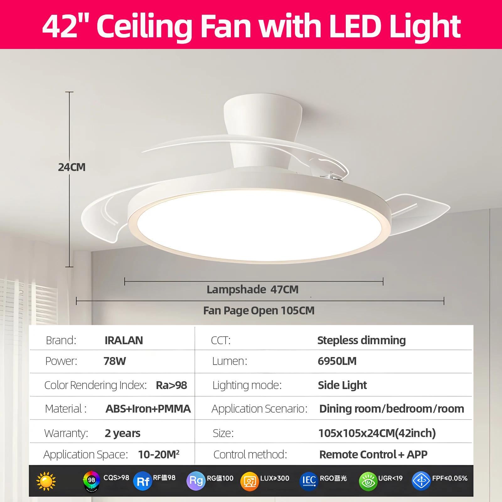 IRALAN-Ventilateur de Plafond Invisible Moderne avec Lumière LED, Moteur DC, Grand Volume d'Air, Tél