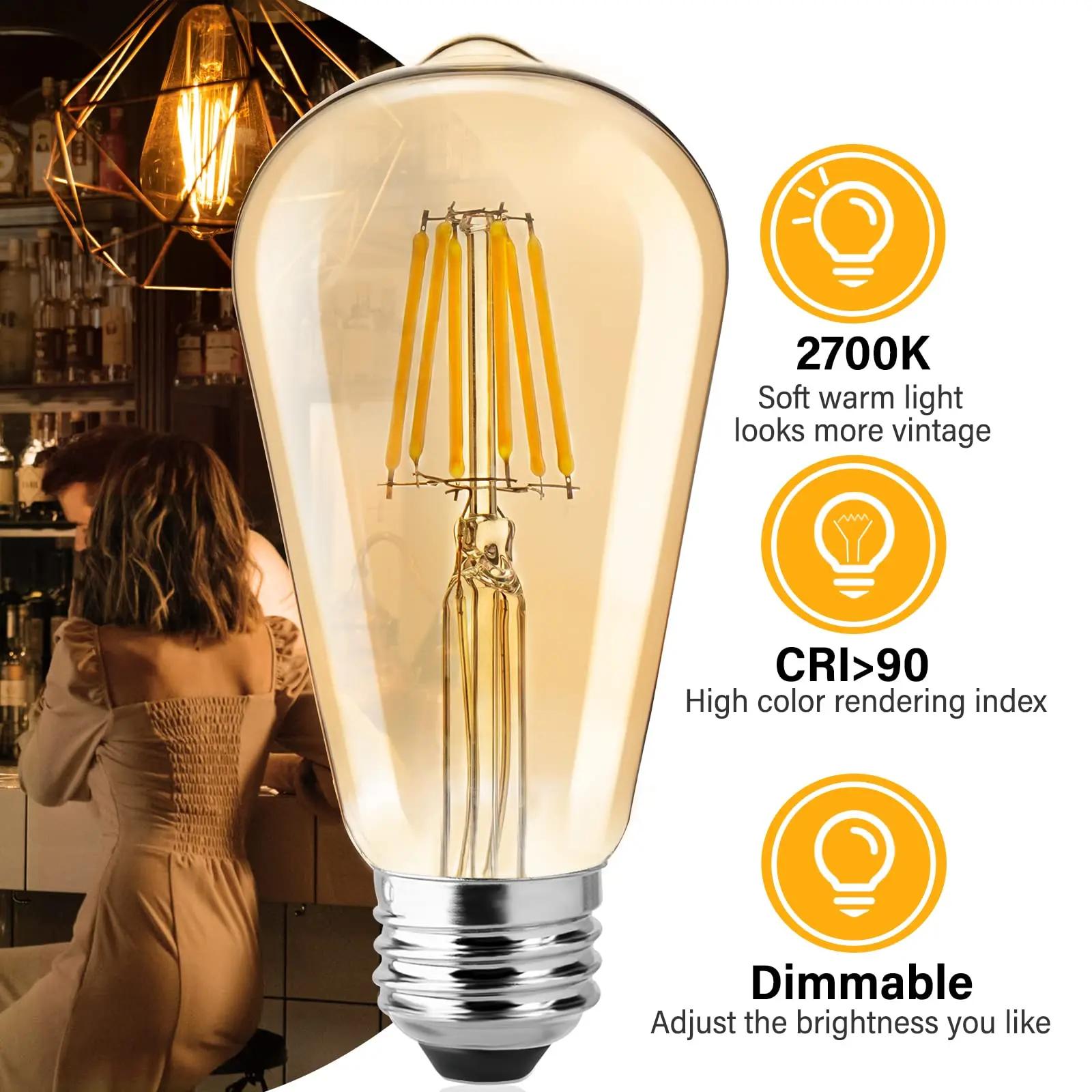 Ampoule à Filament LED ST64 à intensité variable, E27, 220V, 6W, 2200K, verre ambre, Vintage, Edison