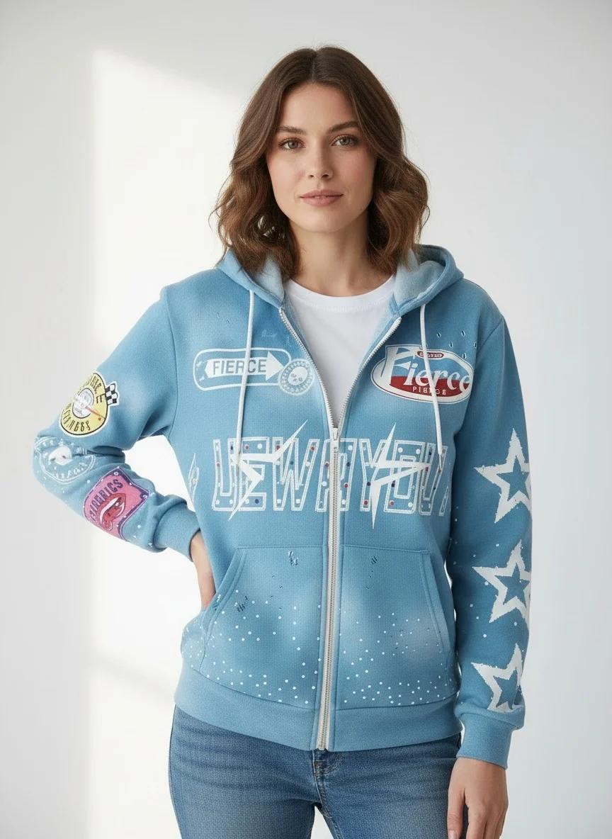 Sweat-shirt à capuche entièrement imprimé avec lettres étoilées, cardigan ample et décontracté pour