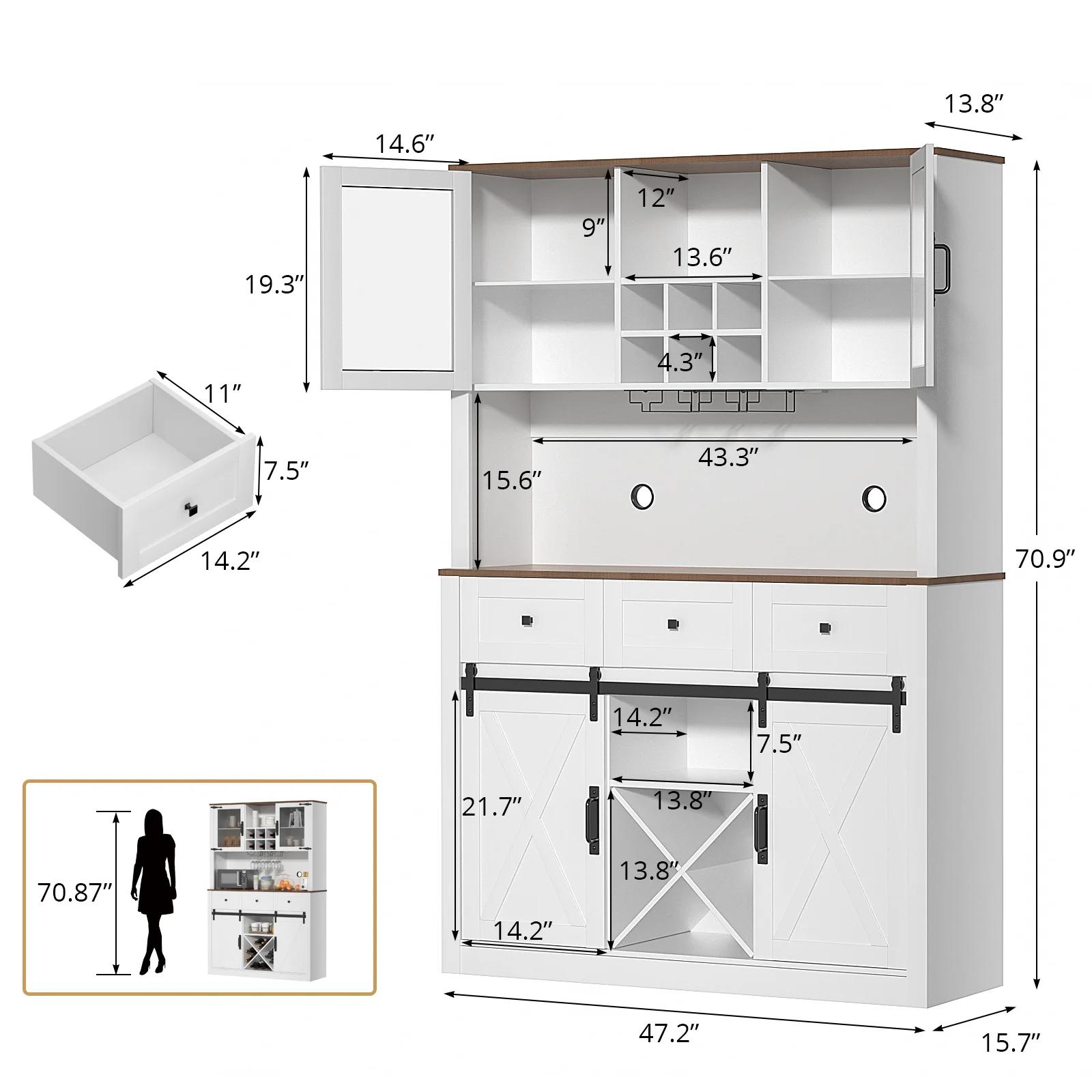 VOWNER-Armoire de bar de ferme avec porte de grange market, buffet de planche avec vin et verres T1,
