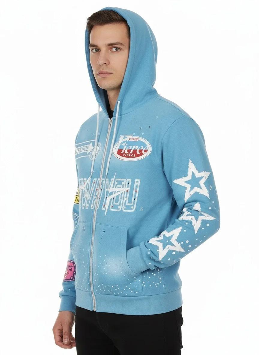 Sweat-shirt à capuche entièrement imprimé avec lettres étoilées, cardigan ample et décontracté pour