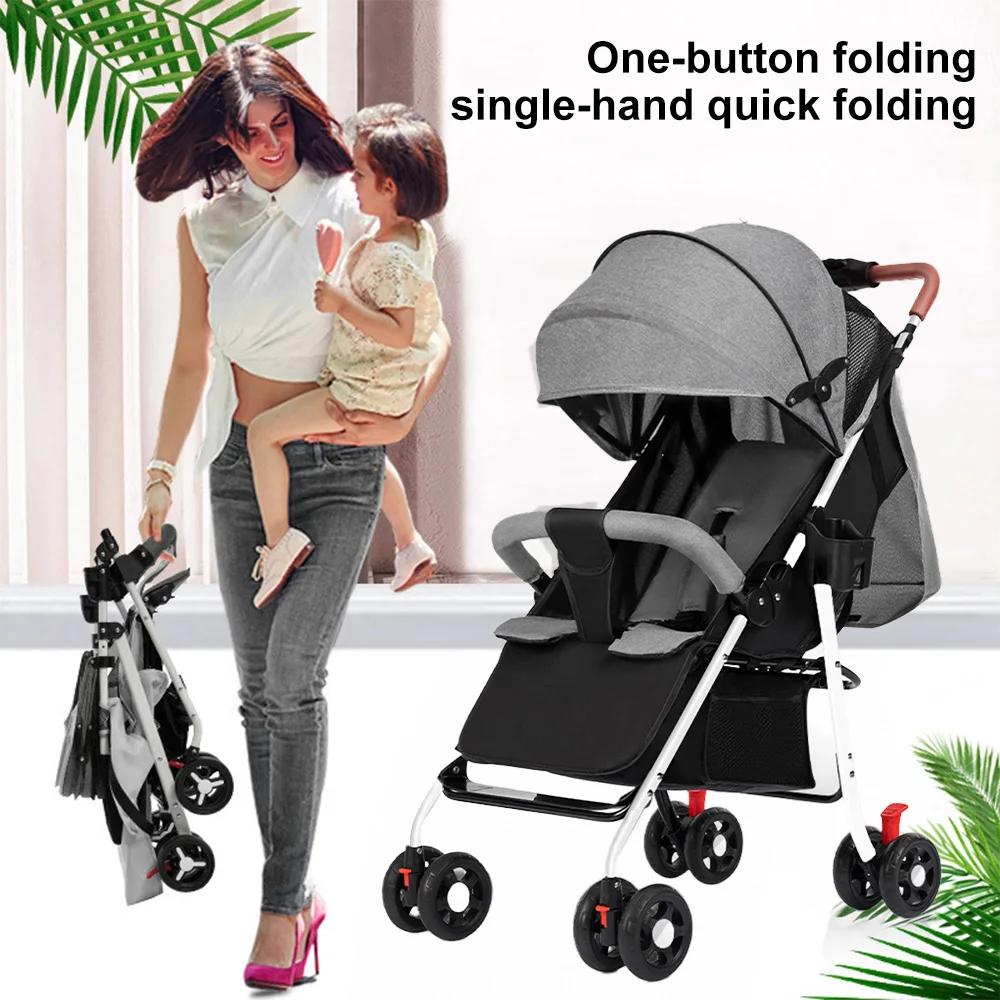 Poussette bébé pliable à une touche, 4 roues, légère, pour voyage, avec siège inclinable à plat, pli