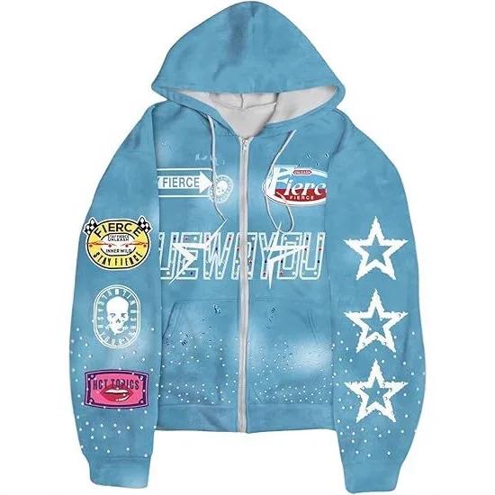 Sweat-shirt à capuche entièrement imprimé avec lettres étoilées, cardigan ample et décontracté pour